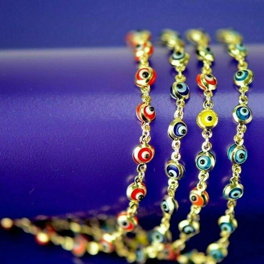 Solid 14k Yellow Gold Evil Eye 6" Bracelets - image 1